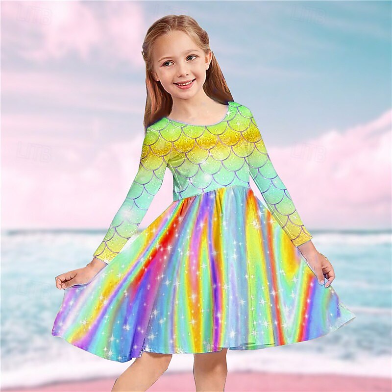 Kids Girls' Dress Rainbow Mermaid Long Sleeve Casual Crewneck Adorable Daily Polyester Above Knee Casual Dress Swing Dress A Line Dress Fall Winter 3-10 Years Multicolor Yellow Red4