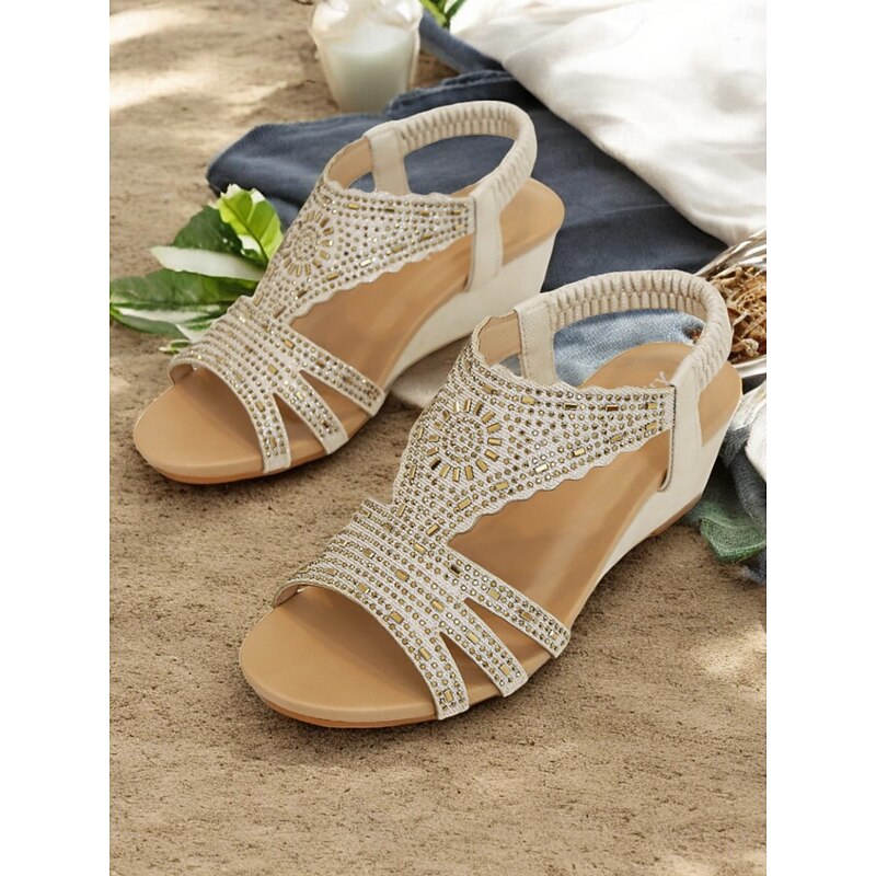 Women's Bohemian Rhinestone Wedge Sandals – Sparkly Elastic Strap Open-Toe Shoes for Summer, Beach, Casual & Evening Wear2