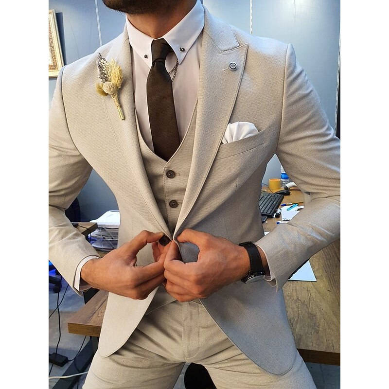 Men's Wedding Suits Peak Dark Khaki Beige Business Formal Solid Colored Tailored Fit 3 Piece Single Breasted One-button
