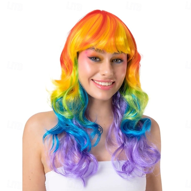 Long Curly Rainbow Wig Fringe Carnival Pride Costume Hair for Women Adults Festival
