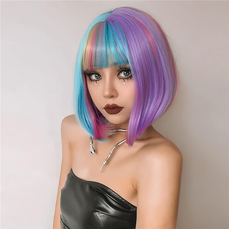 Short Bob Rainbow Wig with Bangs Heat Resistant Synthetic Colourful Party Wig with Fringe Pink Blue for Women Cosplay Daily Use Hair Net for Carnival3