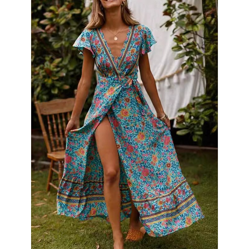 Women's Maxi Dress Casual Dress A Line Dress Boho Dress Bohemia Vintage Casual Vacation Daily Regular Fit Floral Short Sleeve V Neck Black Red Blue Spring Fall
