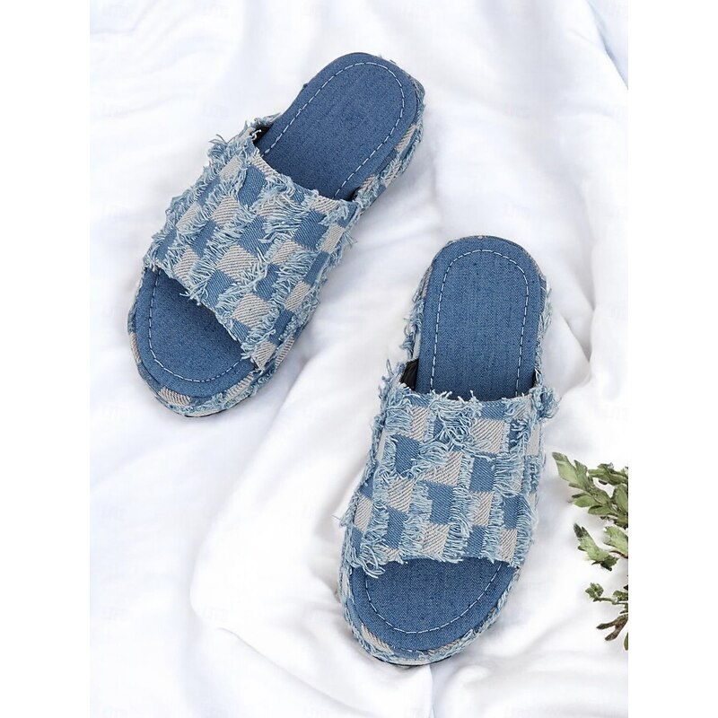 Women's Denim Blue Plaid Platform Slide Sandals with Frayed Detailing - Casual Summer Shoes for Beach and Everyday Wear2