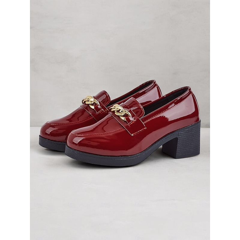 Women's Wine Red Patent Leather Loafers - Chunky Heel with Metal Chain Detail, Elegant Slip-On Shoes for Office or Party Wear3