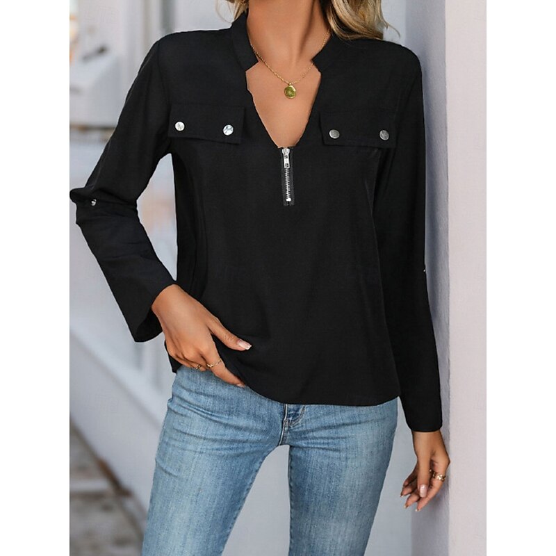Women's Shirt Solid Color Elegant Stylish Casual Long Sleeve V Neck Vacation Party Daily Black Spring Fall3