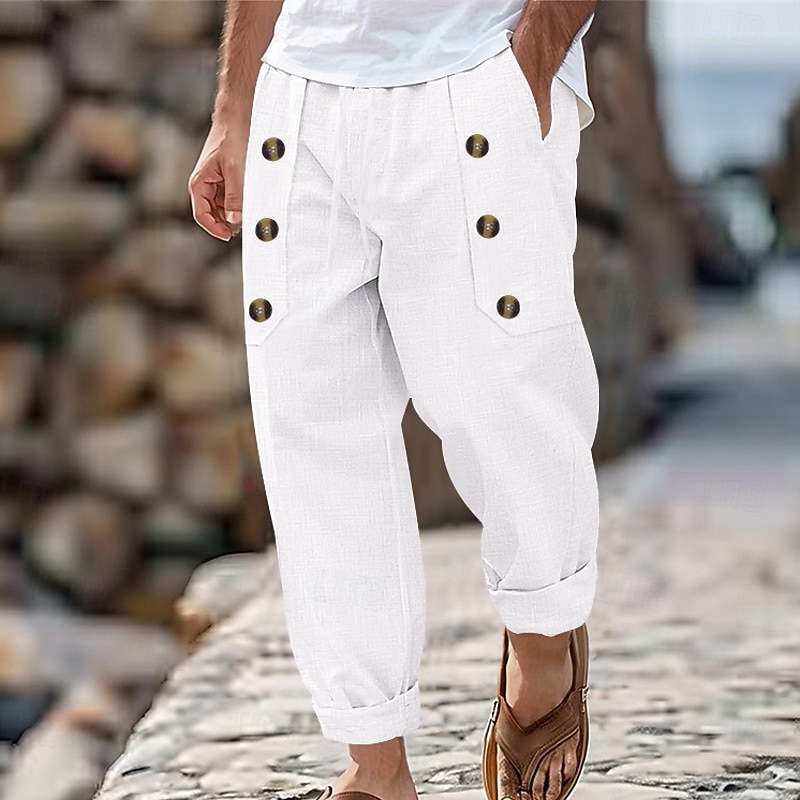 Men's Linen Pants Trousers Summer Pants Beach Pants Gurkha Pants Buttons Drawstring Elastic Waist Plain Comfort Breathable Full Length Casual Daily Holiday Classic Style Retro Vintage Black White
