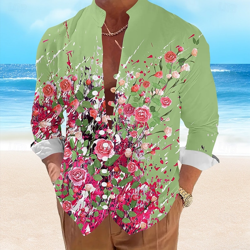 Valentine's Day Men's Floral Casual Shirt Button Up Shirt Long Sleeve Resort Vacation Casual Summer Spring V Neck Button Up White Pink Blue Green2