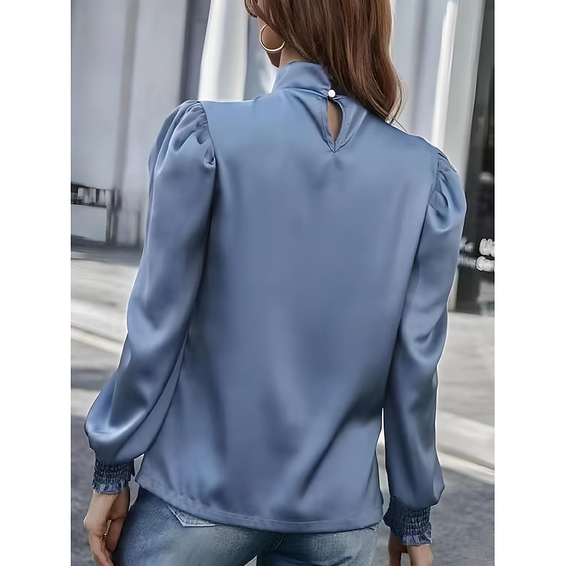 Women's Shirt Elegant Dressy Satin Solid Color Elegant Casual Long Sleeve Turtleneck Regular Tops Wedding Guest Work Ruched Blue Rose Pink Summer Spring2