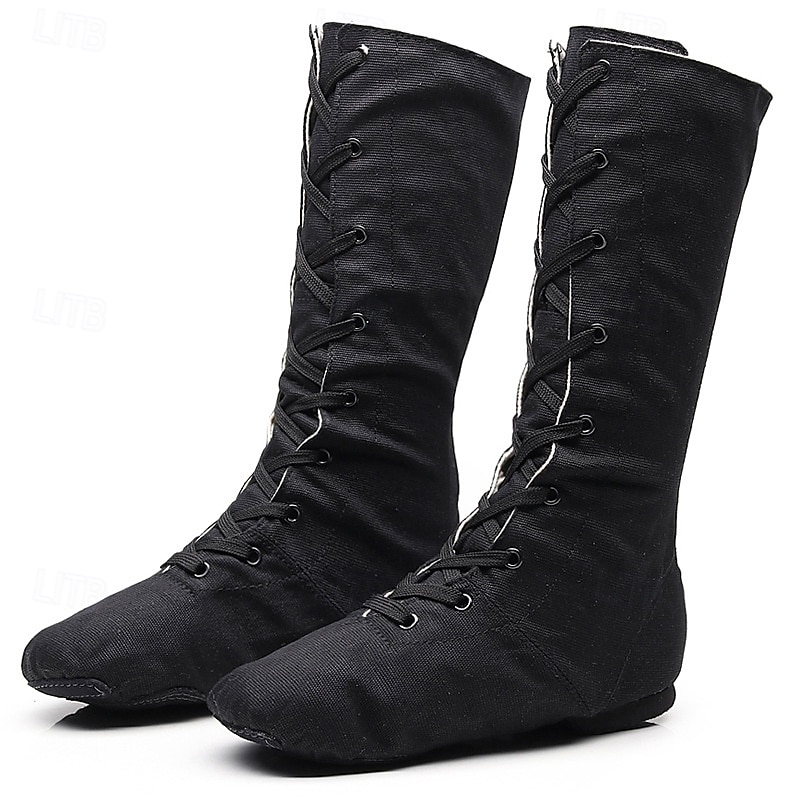 Women's Black Lace-Up Canvas Jazz Dance Boots with Split Sole and Ankle Support for Ballroom and Practice Sessions