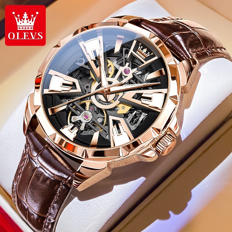 OLEVS Men Mechanical Watch Creative Outdoor Sports Fashion Hollow Skeleton Automatic Self-winding Luminous Waterproof Leather Watch