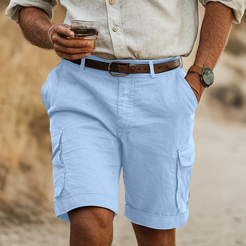 Men's Cargo Shorts Linen Shorts Summer Shorts Buttons Multi Pocket Straight Leg Plain Comfort Breathable Short Outdoor Casual Daily Fashion Retro Vintage Navy Blue Sky Blue