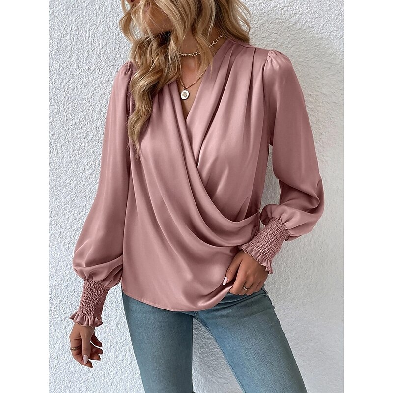 Women's Shirt Elegant Dressy Satin Solid Color Business Modern Casual Long Sleeve V Neck Regular Tops Work Formal Wear Ruched Black Pink Summer Spring3