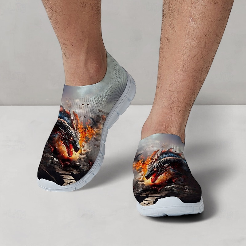 Men's Dragon Print Flyknit Sneakers - Lightweight Athletic Shoes for Running, Gym and Casual Wear3
