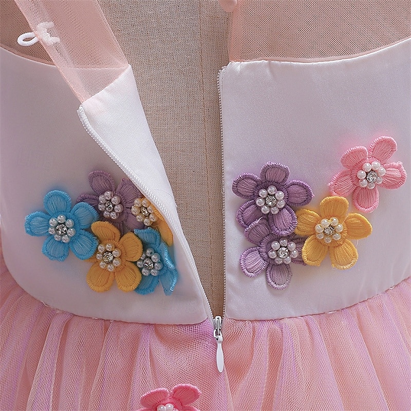 Kids Girls' Party Dress Flower Sleeveless Performance Birthday Mesh Beautiful Sweet Polyester Maxi Party Dress Swing Dress A Line Dress Summer 4-12 Years Champagne Pink Blue2