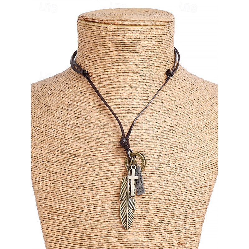 Men's Vintage Feather Pendant Necklace with Cross and Inspirational Charms, Leather Rope, Perfect for Casual Wear and Gifts3