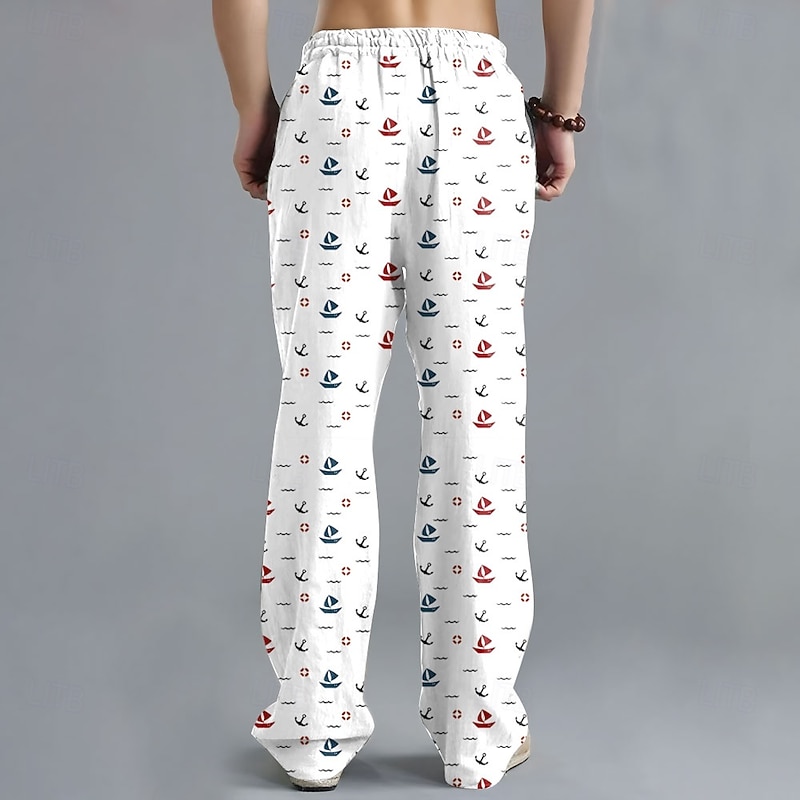 Men's Hawaiian Nautical Anchor Pants Trousers Casual Pants Mid Waist Drawstring Elastic Waist Hawaiian Casual Outdoor Vacation Holiday Straight Leg Trousers Summer Spring Fall 3D Print Black White2