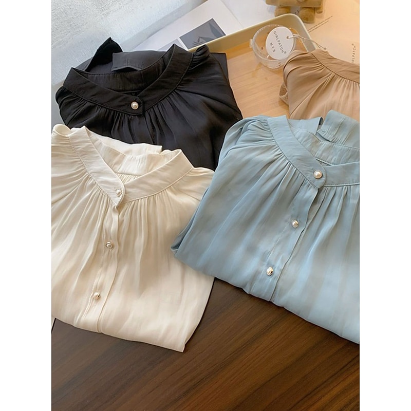 Women's Shirt Solid Color Elegant Stylish Casual Long Sleeve High Neck Regular Tops Work Daily Going out Black Blue Khaki Beige Summer Spring Fall2