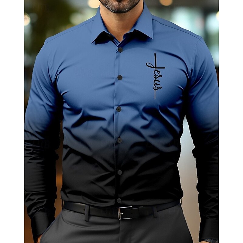 Men's Shirt Summer Shirt Casual Shirt Beach Shirt Button Up Shirt Red Blue Orange Long Sleeve Gradient Cross Lapel Vacation Hawaiian Button-Down Clothing Apparel Polyester Fashion Casual Comfortable