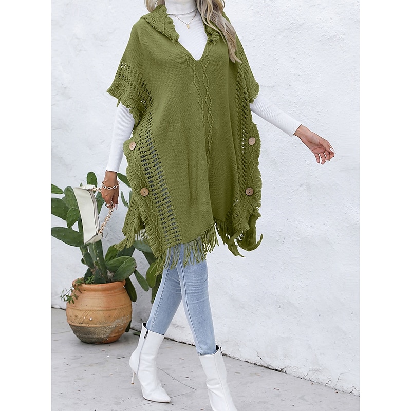 Women's Pullover Casual Solid Color Ribbed V Neck Patchwork Tassel Sleeveless Sleeveless Long Tops Knit Outdoor Date Black Green Spring Fall3