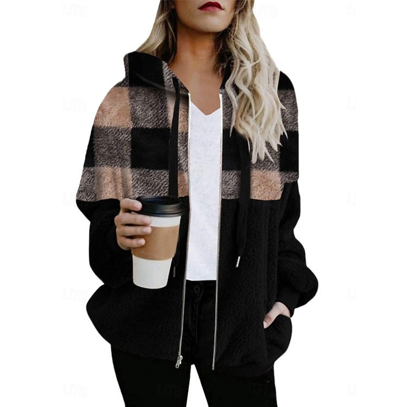 Women's Winter Coat Winter Jacket Teddy Coat Hoodie Jacket Outdoor Street Daily Fall Winter Regular Coat Regular Fit Warm Breathable Comtemporary Stylish Jacket Long Sleeve Stripes and Plaid with3