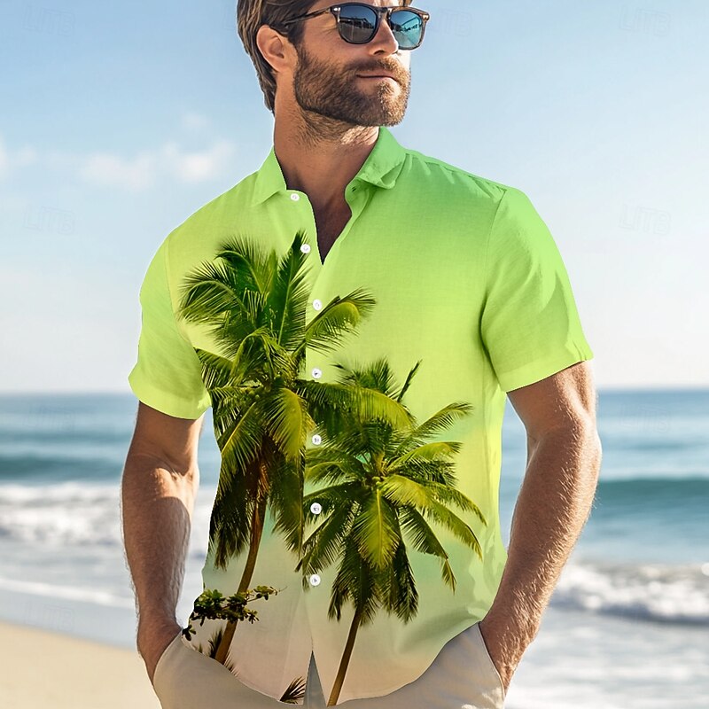 Men's Palm Tree Summer Hawaiian Shirt Aloha Shirt Short Sleeve Hawaiian Resort Vacation Causal Casual Summer Spring Turndown Button Up Green
