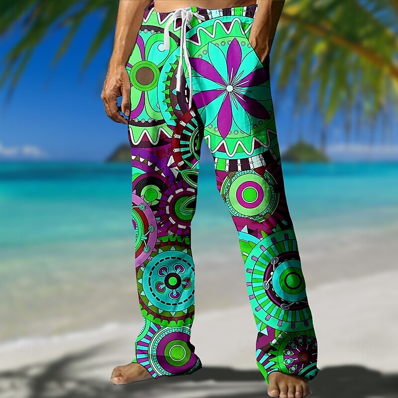 Men's Floral Geometric Pattern Trousers Casual Pants Mid Waist Drawstring Elastic Waist Hawaiian Outdoor Vacation Holiday Straight Leg Trousers Summer Spring Fall 3D Print Yellow Red Green3