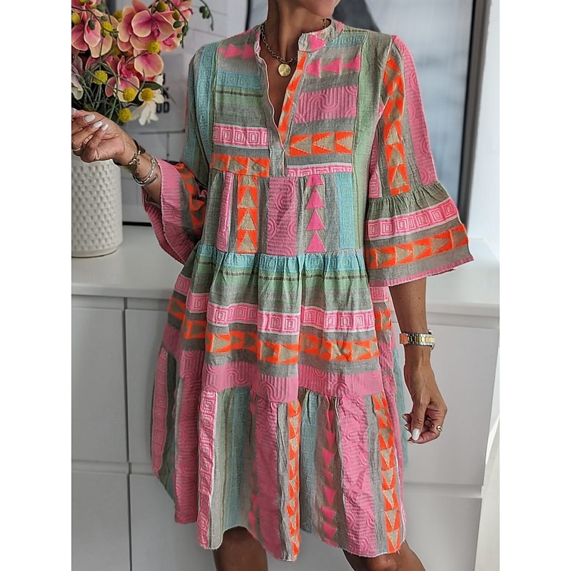 Women's Mini Dress Petite Dress Casual Dress Swing Dress Boho Dress Casual Daily Regular Fit Geometric 3/4 Length Sleeve V Neck Pink Summer Spring Fall2
