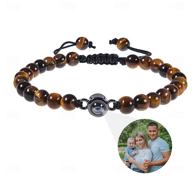 Personalized Tiger Eye Bracelet Custom Best Gift for Dad, Wedding Photo Projection Bracelet for Husband, Boyfriend, Christmas, Valentine's Day, Birthday