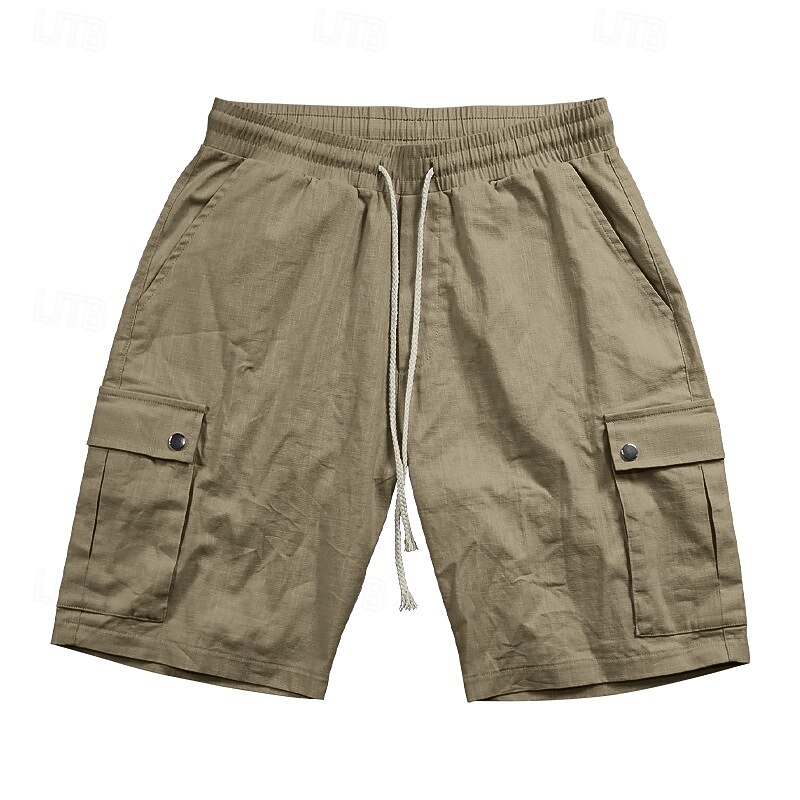 Men's Cargo Shorts Linen Shorts Summer Shorts Beach Shorts Drawstring Elastic Waist Multi Pocket Plain Comfort Breathable Knee Length Outdoor Work Daily Classic Style Casual Black White3