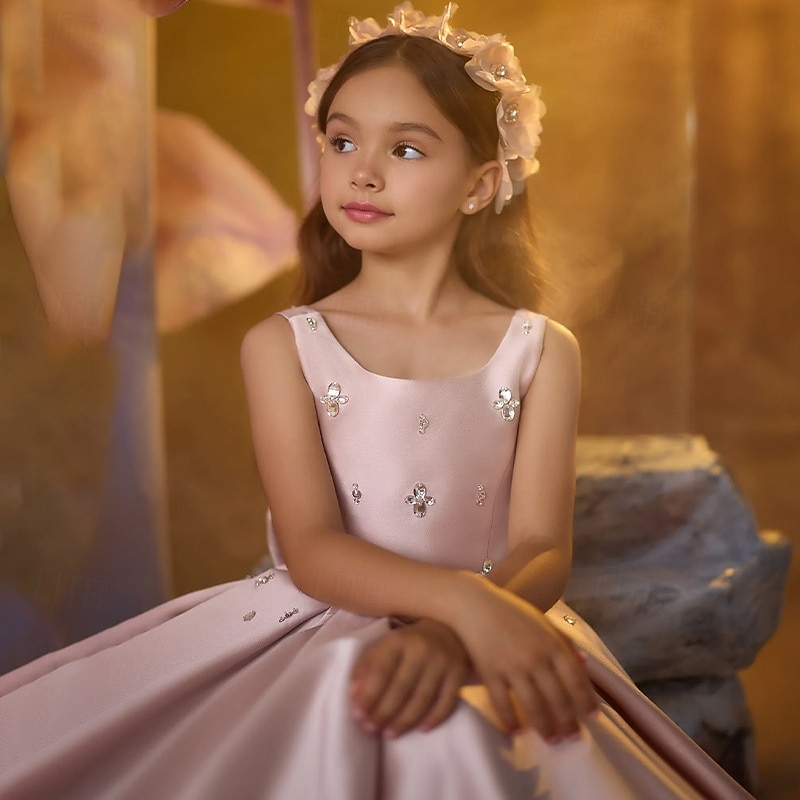 Kids Girls' Flower Girl Dress First Communion Dress Party Dress Solid Color Sleeveless Long Sleeve Performance Wedding Party Mesh Princess Sweet Mesh Mid-Calf Sheath Dress Tulle Dress Summer Spring3