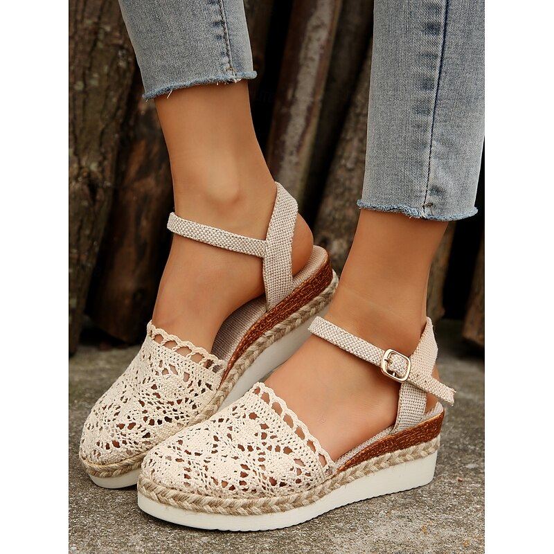 Women's Crochet Espadrille Wedge Sandals with Ankle Strap, Boho Style Lightweight Summer Shoes for Casual and Beach Wear
