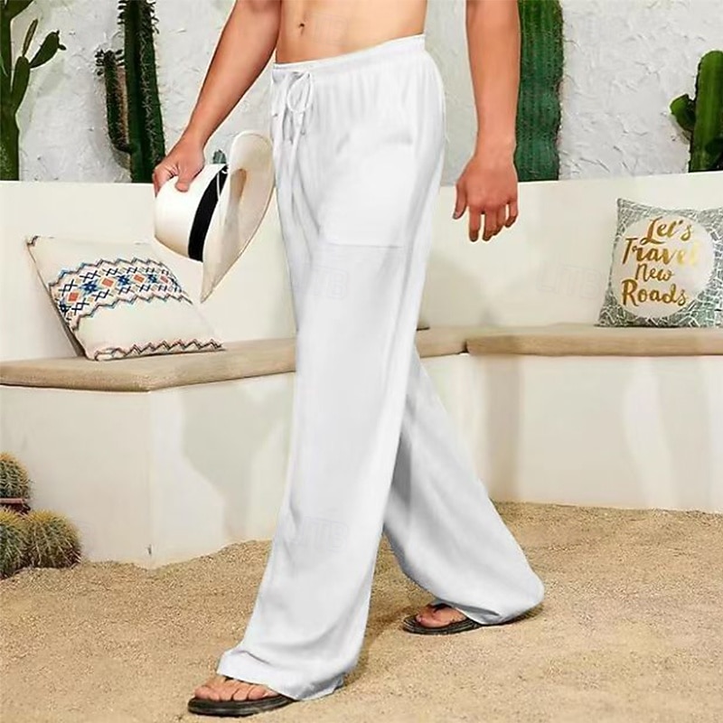 Men's Trousers Summer Pants Baggy Pants Beach Pants Gauze Pants Drawstring Front Pocket Straight Leg Plain Comfort Soft Full Length Home Yoga Gym Fashion Casual Black White2
