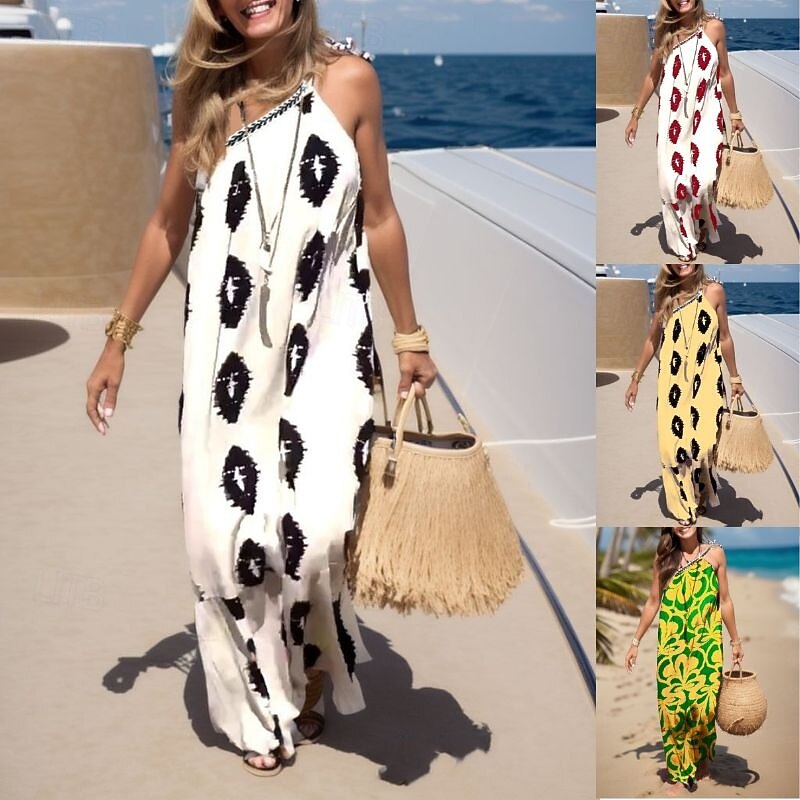 Women's Print Print Halter Neck Maxi long Dress Daily Vacation Sleeveless Summer Spring