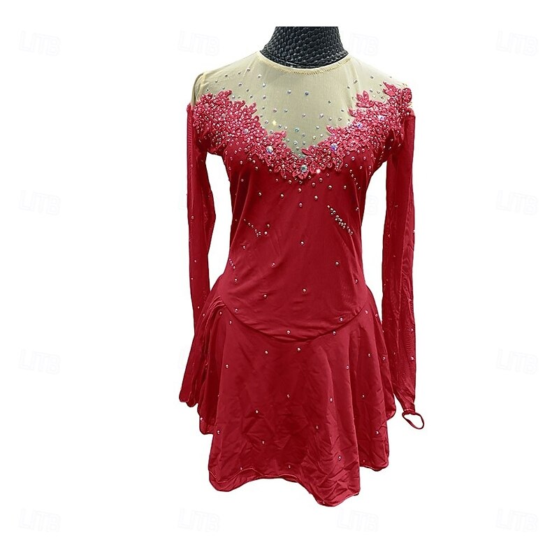 Figure Skating Dress Women's Girls' Ice Skating Dress Red Purple Green Patchwork Thumbhole Mesh Spandex Stretchy Training Practice Professional Skating Wear Crystal / Rhinestone Long Sleeve Figure
