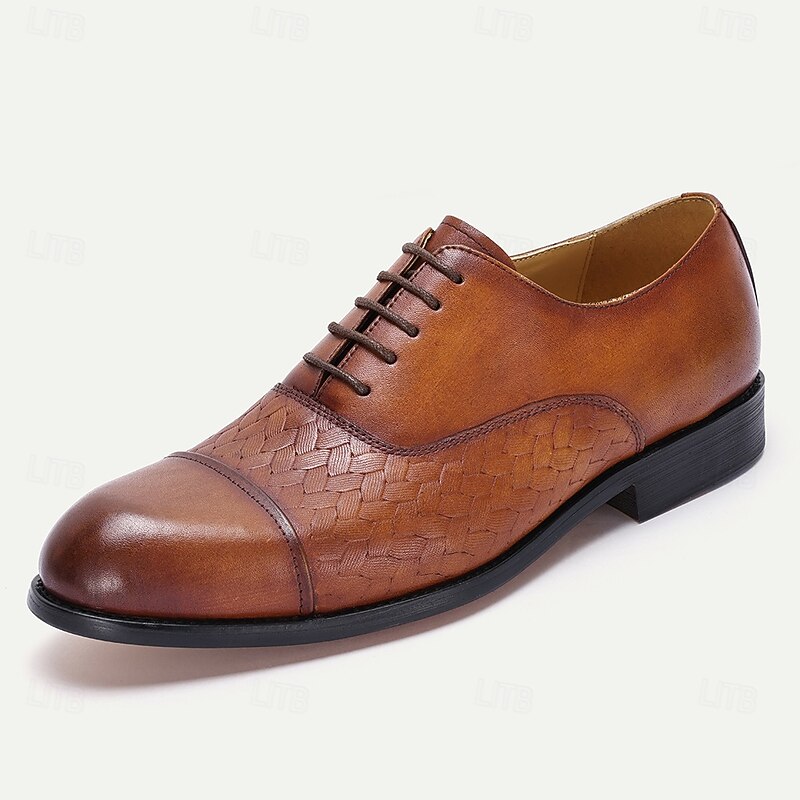 Men's Premium Cowhide Oxford Shoes with Woven Leather Design, Classic Lace-Up Style for Formal and Business Occasions2