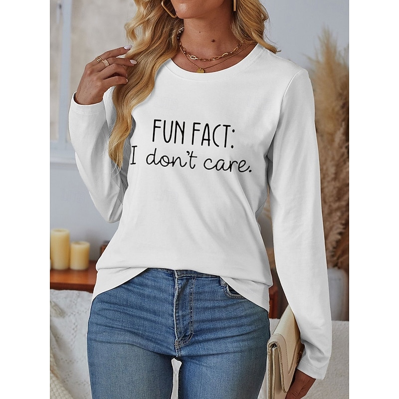 Women's 100% Cotton T Shirt Casual Letter Regular Tops Long Sleeve Round Neck Print Regular Fit Daily Weekend Black White Blue Fall Winter Prefall