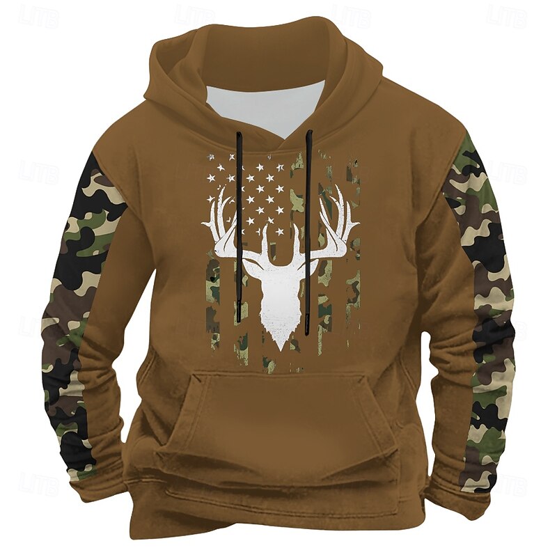 Men's Deer Hoodies Sweatshirt Ethnic Long Sleeve Crew Neck Holiday Hunting Black Navy Blue Drawstring Fall Winter Designer4