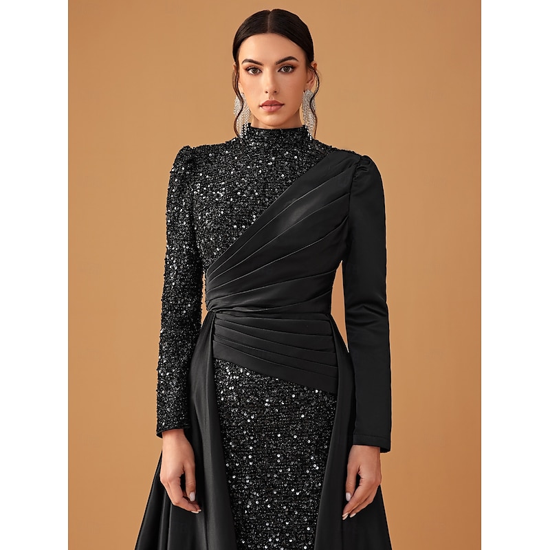 Black Dress Evening Gown Dress Formal Wedding Guest Sweep / Brush Train Long Sleeve Mock Neck Lace with Pleats Shawl4