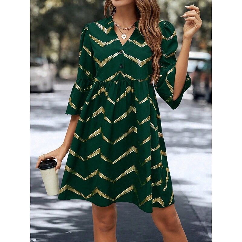 Women's Geometric Notched Neck Mini Dress 3/4 Length Sleeve Summer Spring3