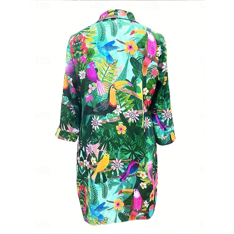 Women's Mini Dress Shirt Dress Hawaiian Shirts  Flowy  Beach Leaf Long  Long Sleeve Shirt Collar Buttons Print Form Fit Green Summer Holiday Clothes Beach Wear2