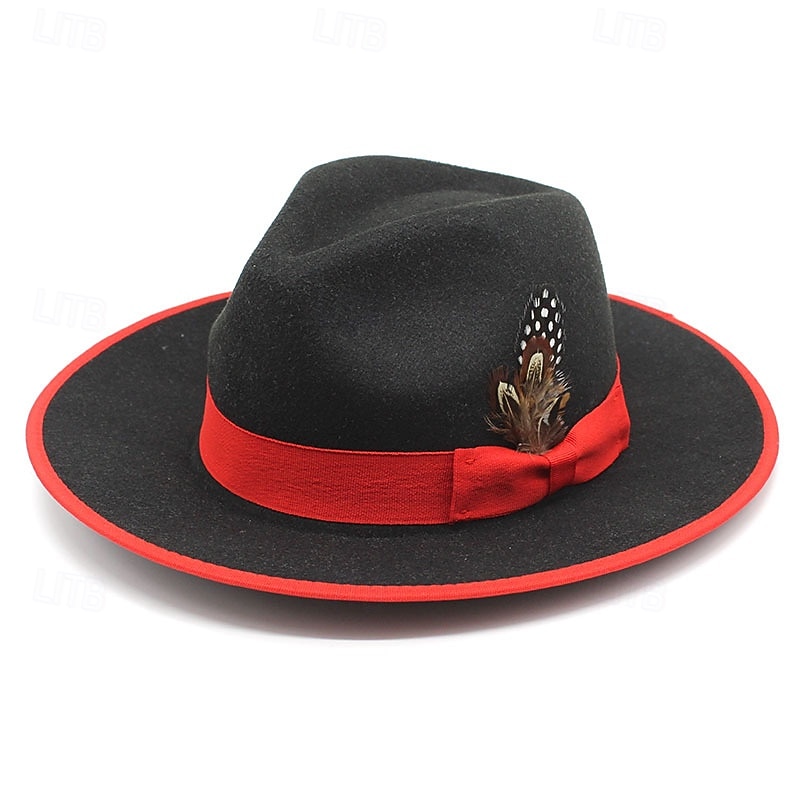Men's Kentucky Derby Hat Sun Hat Cowboy Hat Fedora Trilby Hat Black Red Woolen Vintage Style Fashion 18th Century State of Texas Daily Theme Party Color Block Sunscreen Cosplay