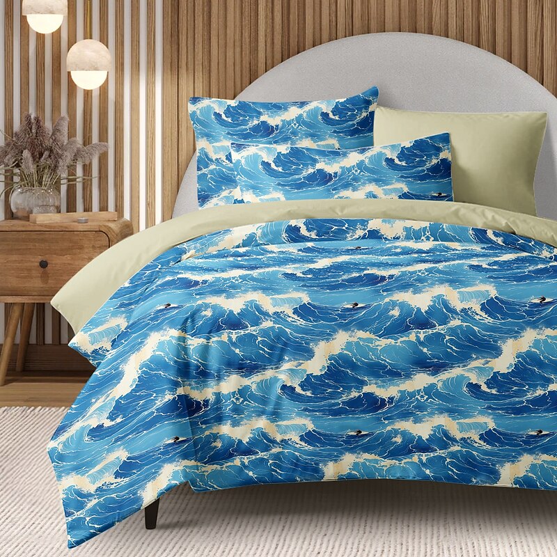 Ocean Wave Duvet Cover Set Soft Microfiber Bedding Vibrant Wave Design Includes Duvet Cover and Pillowcases Fade-Resistant, Zipper Closure, Machine Washable Queen, King, Twin Sizes Coastal Beach Theme4