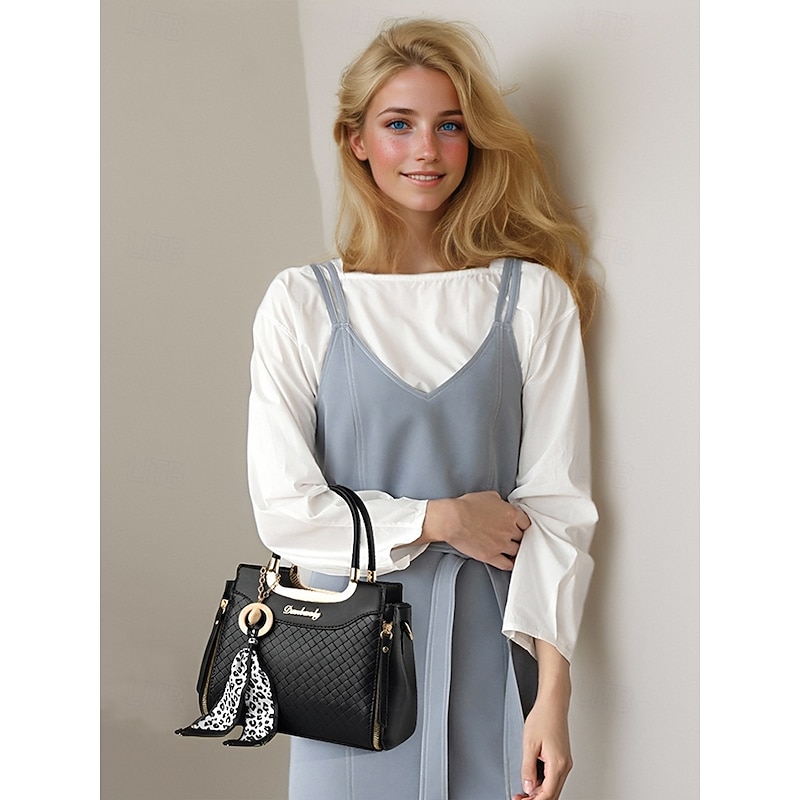 Women's Green Quilted Handbag with Gold Handle, Leopard Print Scarf Accent, and Crossbody Strap for Casual and Office Use3