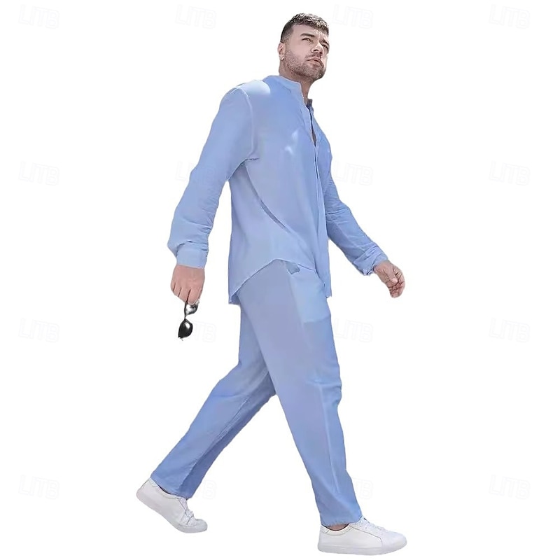 Men's Linen Shirt 2 Piece Shirt Set Summer Shirt Matching Sets Beach Shirt Plain Vacation Casual Black White Blue Khaki Long Sleeve Band Collar Spring & Summer Clothing Apparel4