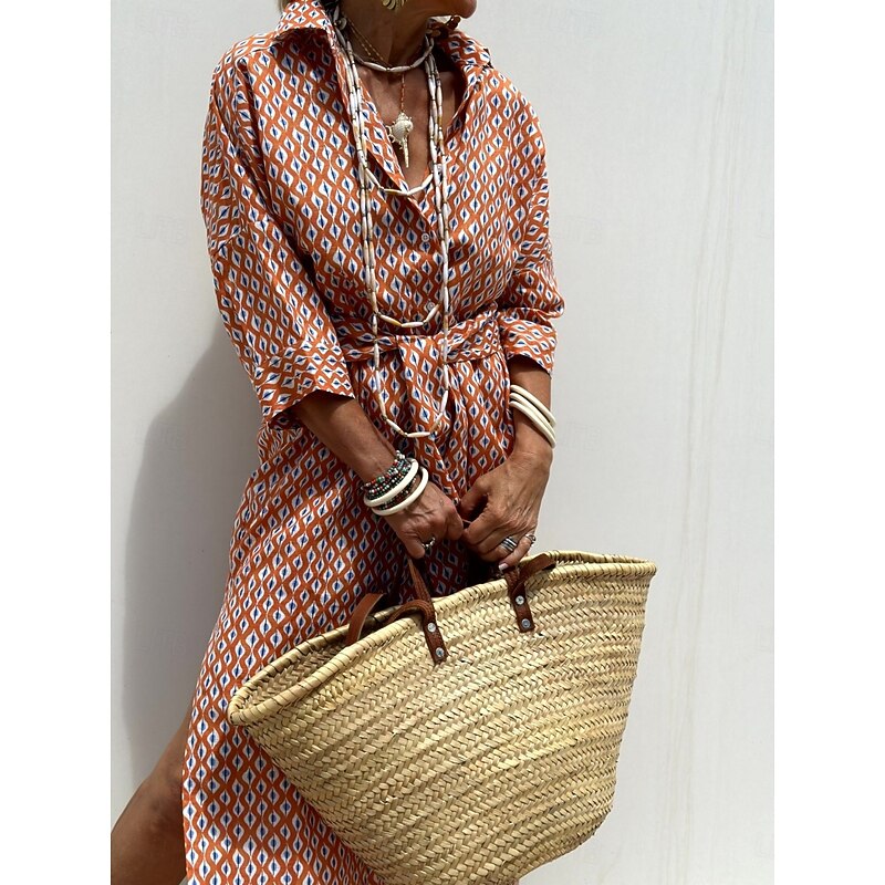 Women's Maxi Dress Casual Dress Swing Dress Boho Dress Casual Daily Regular Fit Geometric 3/4 Length Sleeve Shirt Collar Red Gray Summer Spring Fall3