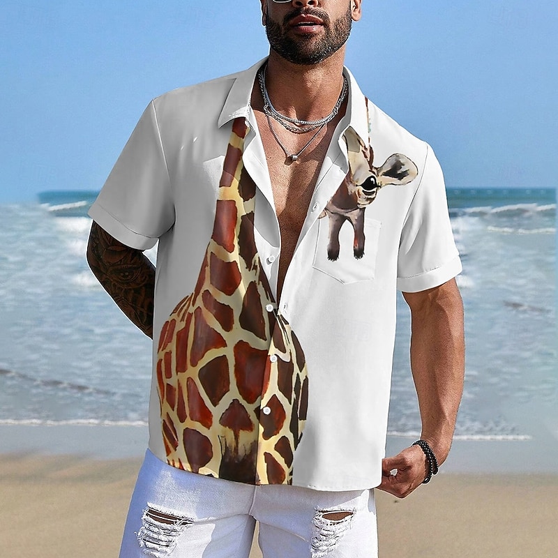 Men's Giraffe Casual Shirt Button Up Shirt Short Sleeve Ugly Casual Causal Casual Summer Spring Button Up Pocket White2