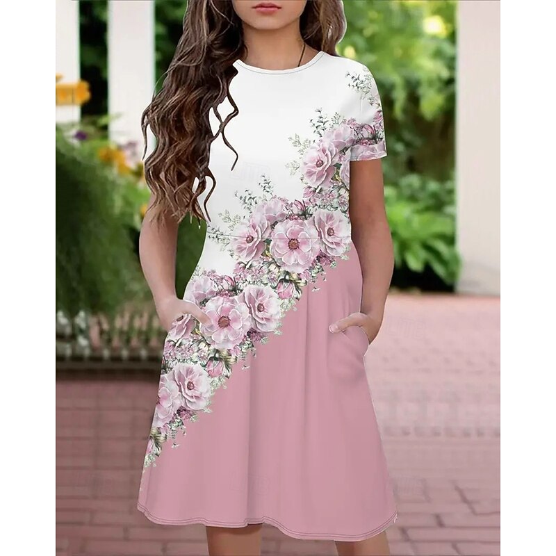 Easter Girls' 3D Graphic Flower Dress Short Sleeve Summer Spring Vacation Daily Holiday Princess Beautiful Sweet Kids 4-12 Years Casual Dress Knee-length Regular Fit3