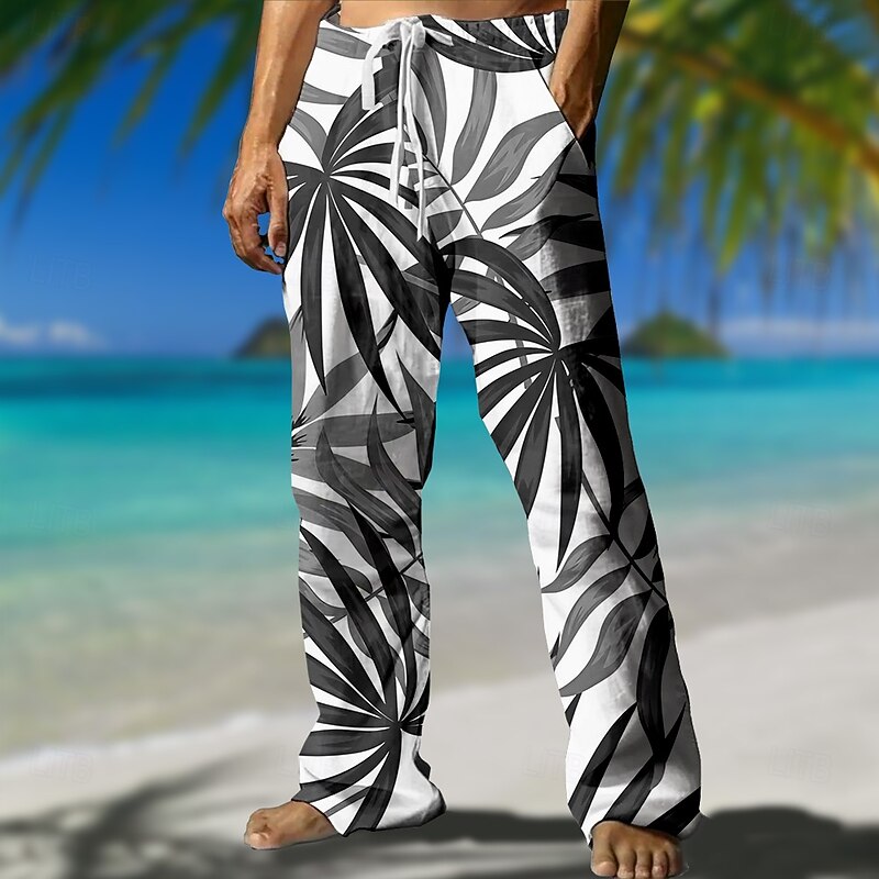 Men's Coconut Tree Pants Trousers Mid Waist Drawstring Elastic Waist Hawaiian Casual Outdoor Vacation Holiday Straight Leg Trousers Summer Spring 3D Print Black Blue Brown4
