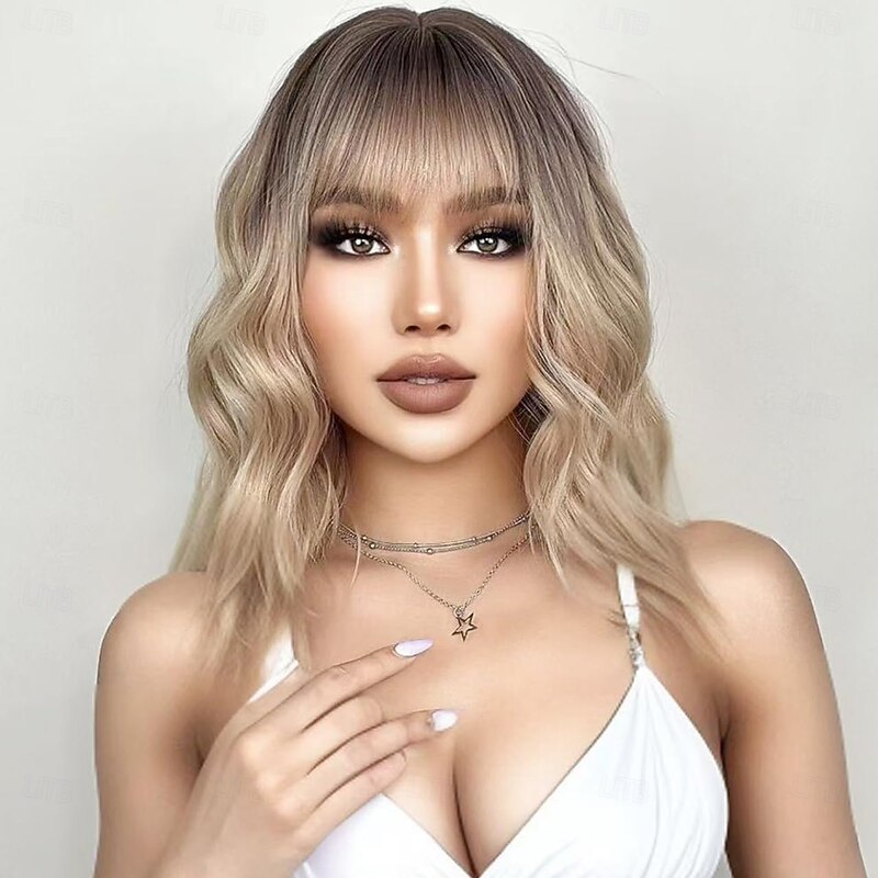 Bob Wig for Women Short Wavy Wig with Bangs Dark Roots Heat Resistant Synthetic Party Wig for Women Girls Daily Wear Wigs - Main Image