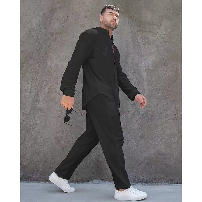 Men's Linen Shirt 2 Piece Shirt Set Summer Shirt Matching Sets Beach Shirt Plain Vacation Casual Black White Blue Khaki Long Sleeve Band Collar Spring & Summer Clothing Apparel